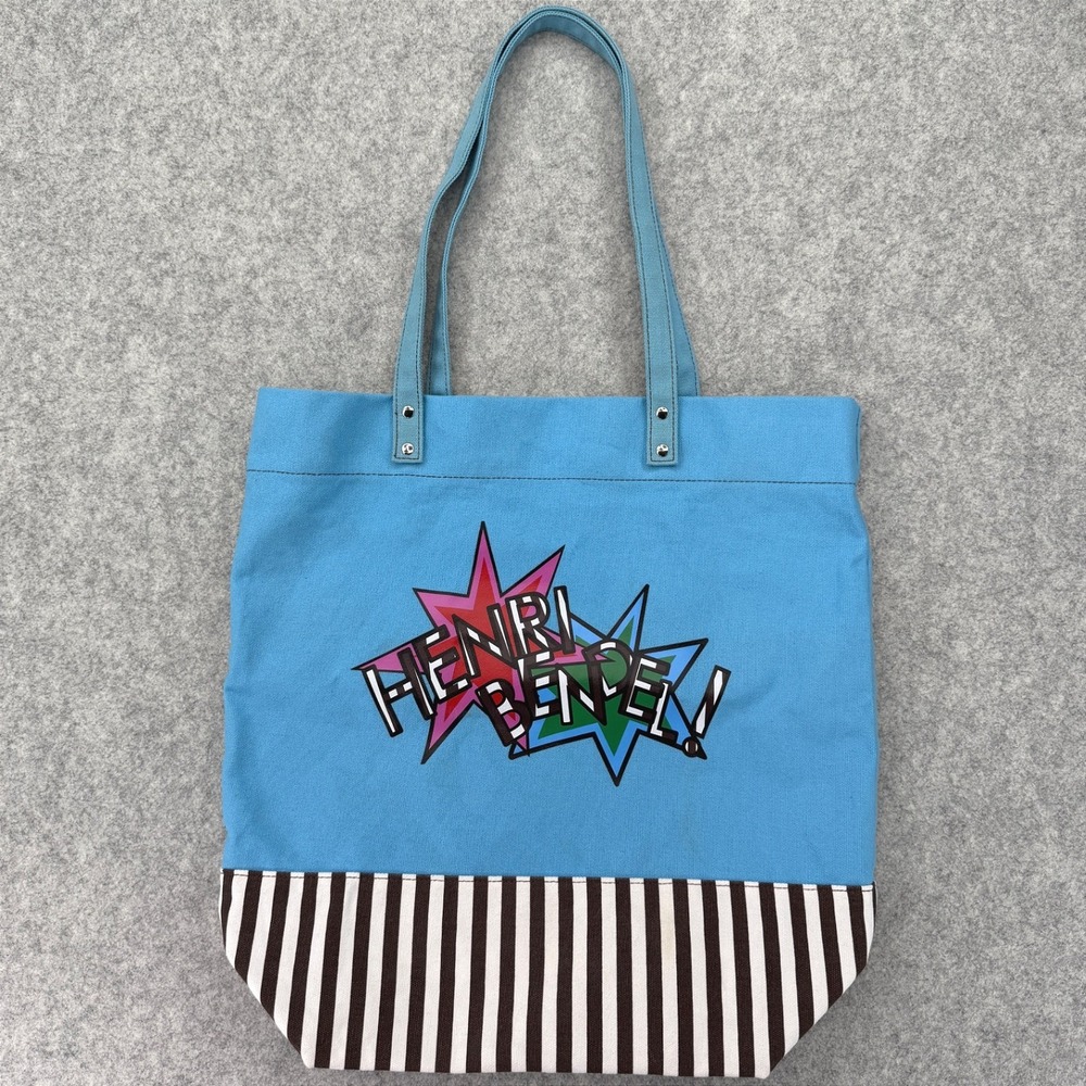 Henri Bendel Tote Bag Two Tone Blue Pop Art Star Graphic Stripe Canvas Shopper